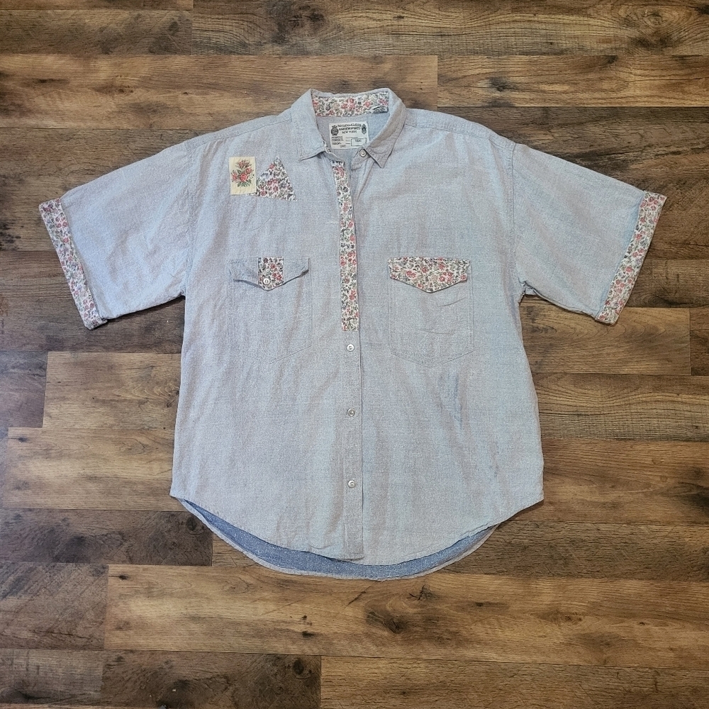 Vintage 90's Andrew Sports NY Cotton Floral Embroidered Buttondown Shirt Size M